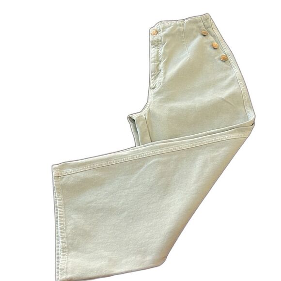 Zara Sailor Wide Leg Cropped Jeans Light Mint Green High Rise Gold Buttons Sz 10 - Picture 1 of 8